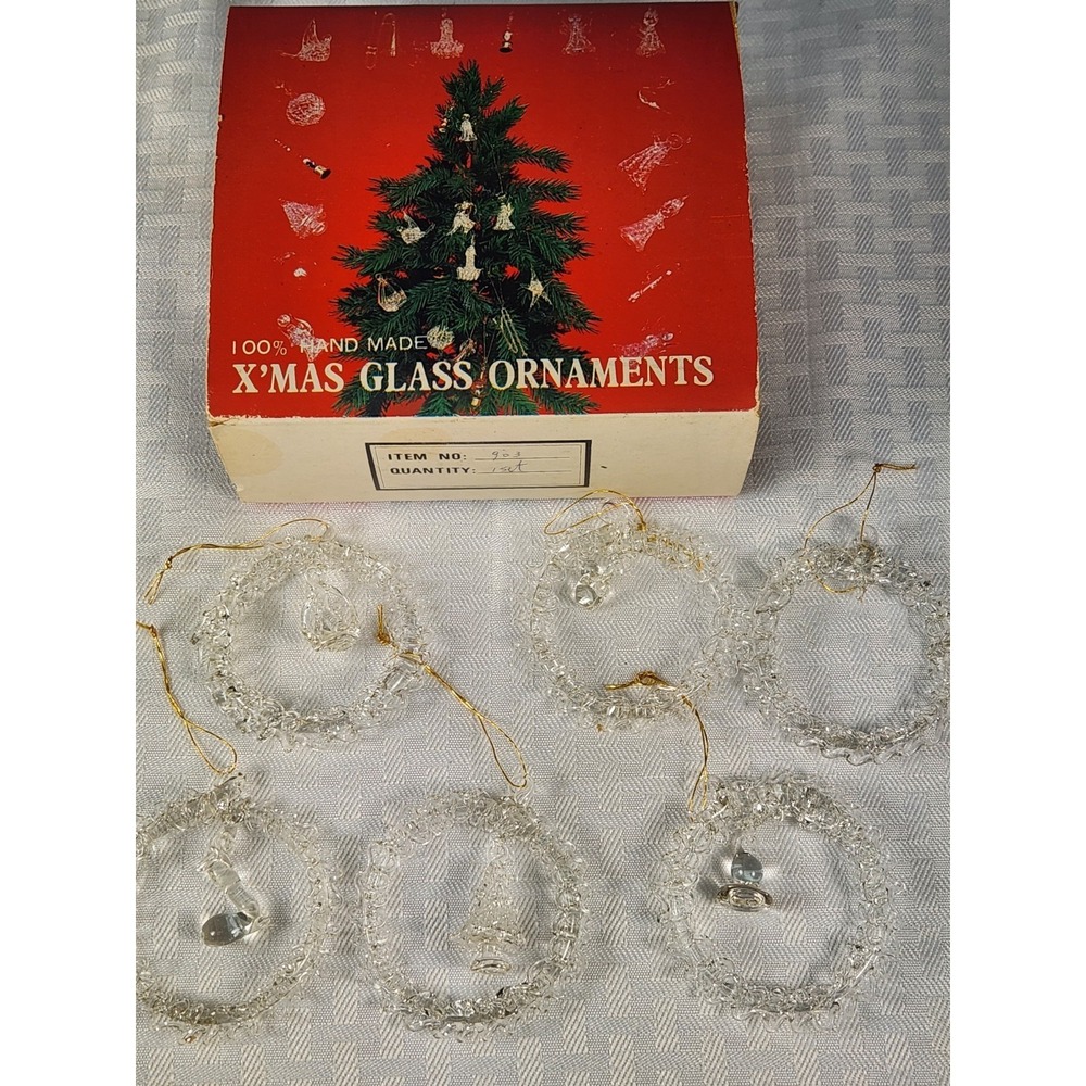 VINTAGE Set of 6 Handmade Glass Christmas Wreath w/ Center Ornaments